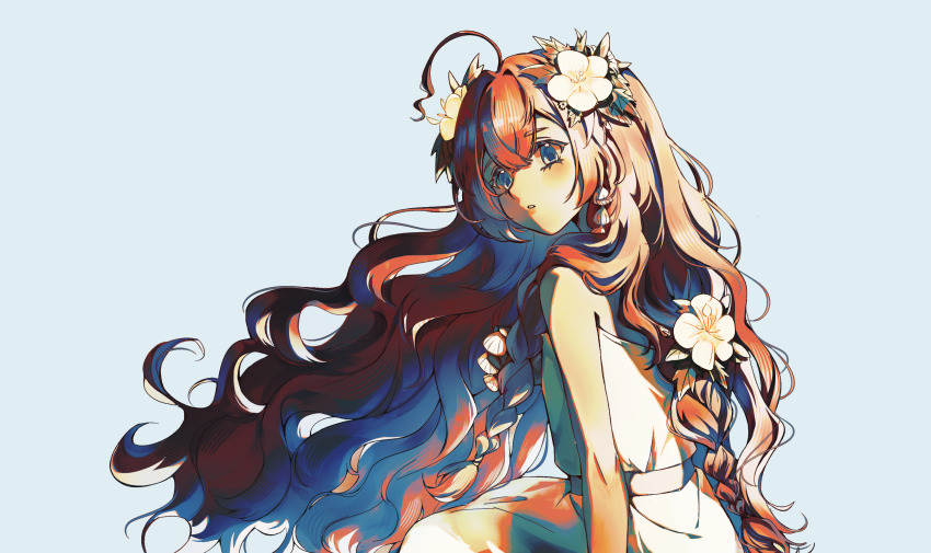 1girl :o ahoge bare_shoulders blue_background blue_eyes brown_hair dark-skinned_female dark_skin fatutu flower from_side hair_flower hair_ornament hibiscus highres leaf_hair_ornament long_hair looking_to_the_side midriff reverse:1999 shirt skirt sleeveless sleeveless_shirt turning_head upper_body very_long_hair wavy_hair white_flower white_shirt white_skirt yi_zui_hua_yue