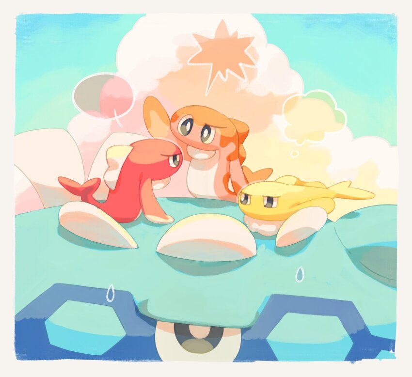 border bright_pupils cloud commentary day dondozo fish grey_eyes half-closed_eyes highres nintendo no_humans outdoors pokemon pokemon_(creature) sky sweat symbol-only_commentary tatsugiri torinoko_(miiko_draw) white_border white_pupils