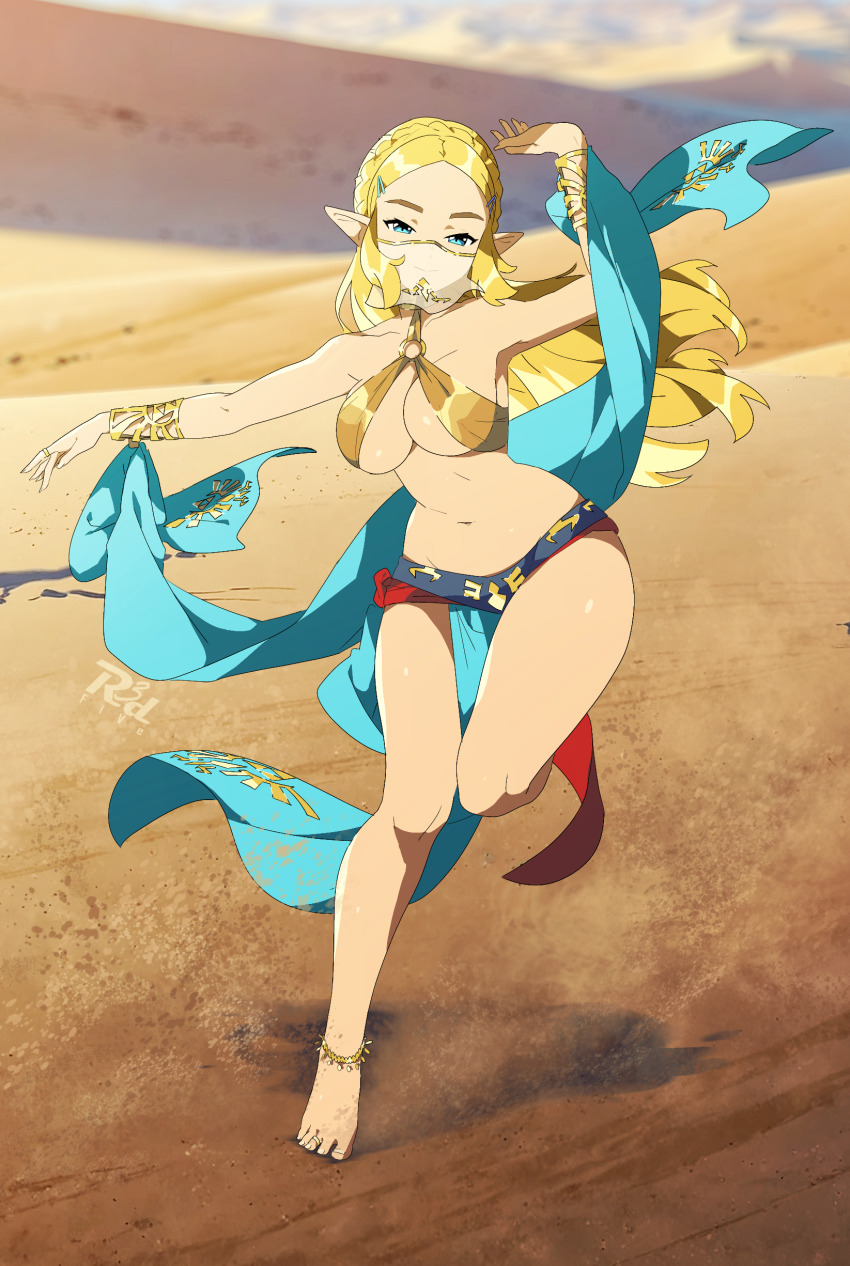 1girl absurdres anklet barefoot blonde_hair blue_eyes braid closed_mouth commission crown_braid dancer dancing desert full_body hair_ornament hairclip harem_outfit highres jewelry long_hair looking_at_viewer mouth_veil navel nintendo o-ring outdoors parted_bangs pelvic_curtain pointy_ears princess_zelda r3dfive see-through_clothes see-through_veil the_legend_of_zelda the_legend_of_zelda:_breath_of_the_wild veil bracelet