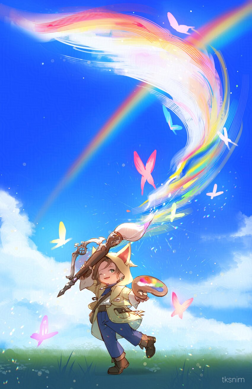 1girl absurdres animal_hood belt blue_eyes blue_pants blue_sky brown_footwear brown_hair bug butterfly cat_hood cloud cloudy_sky final_fantasy final_fantasy_xiv full_body grass highres holding holding_paint_palette holding_paintbrush holding_paint_palette hood hoodie insect krile_baldesion_(ff14) lalafell looking_up one_eye_closed open_mouth paint_palette paintbrush paint_palette pants pictomancer_(final_fantasy) rainbow sky smile solo standing standing_on_one_leg tiptoes tk_(tksnim) white_hoodie