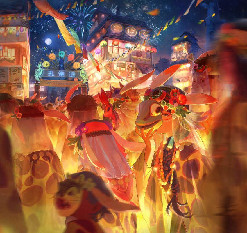 1boy 6+others aerial_fireworks animal_ears arrow_(symbol) bead_necklace beads black_hair black_nails braid braided_ponytail brown_hair building chakotata child cloak coin_(ornament) commentary_request covered_face covered_mouth crowd earrings eyeliner facepaint facial_mark facing_away fake_animal_ears feather_hair_ornament feathers festival fireworks flower full_moon gate grey_nails hair_flower hair_ornament hair_over_shoulder hand_up hat headband highres holding holding_mask jacket jewelry lantern long_hair long_sleeves looking_at_viewer makeup mask moon motion_blur multicolored_nails multiple_others necklace night night_sky one_eye_covered original outdoors paper_lantern purple_hair rabbit_ears red_nails see-through_clothes short_hair single_braid sky solo_focus string_of_flags tassel tassel_earrings veil white_nails