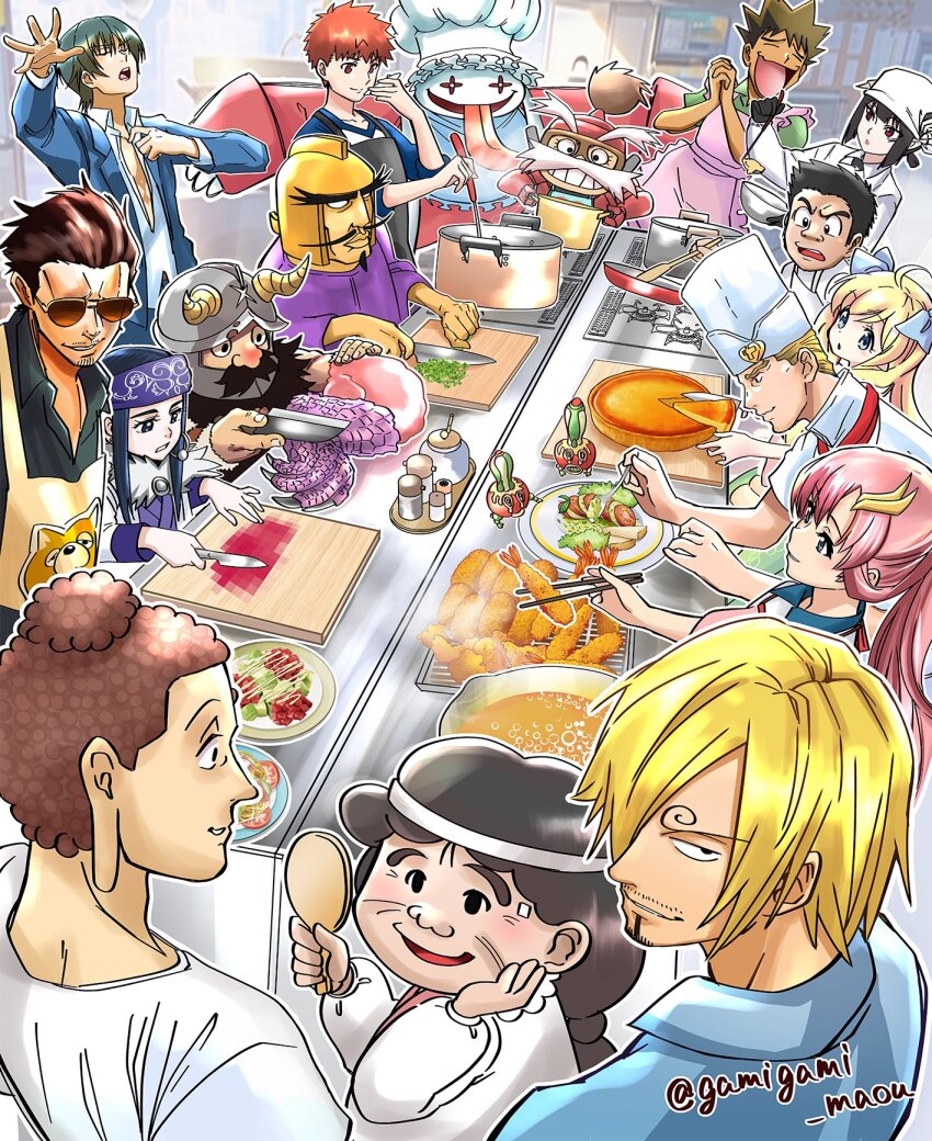 1other 5girls 6+boys annotated apron artist_name asirpa black_apron black_hair blonde_hair brock_(pokemon) brown_hair buddha_(saint_onii-san) cake cake_slice censored cheese chef chef_hat chives closed_eyes commentary_request cooking cooking_pot curly_eyebrows cutting cutting_board diamond_wa_kudakenai dungeon_meshi dwarf emiya_shirou facial_hair fate/stay_night fate_(series) final_fantasy final_fantasy_ix food gamigami_maou gamigami_maou_(artist) general_vamp gokushufudou golden_kamuy gundam gundam_seed hair_over_one_eye hat highres hime-sama_&quot;goumon&quot;_no_jikan_desu holding holding_knife holding_ladle horns hosaka_(minami-ke) jashin-chan jashin-chan_dropkick jojo_no_kimyou_na_bouken knife komatsu_(toriko) lacus_clyne ladle lettuce long_mustache mayonnaise medium_hair mess_hall_lady_(nintama) minami-ke mosaic_censoring multiple_boys multiple_girls mustache nintendo one_piece open_mouth outstretched_arms own_hands_together pepper_(spice) pepper_shaker pink_apron pink_hair plate pokemon pokemon_(anime) pokemon_(classic_anime) popolocrois print_apron quina_quen rakudai_ninja_rantarou red_eyes red_hair saint_onii-san salt salt_shaker sanji_(one_piece) senshi_(dungeon_meshi) short_hair shrimp shrimp_tempura smile spiked_hair stove sunglasses tatsu_(gokushufudou) teeth tempura tentai_senshi_sunred thick_mustache tomato tongue tongue_out tonio_trussardi toriko_(series) torture_tortura trait_connection twitter_username