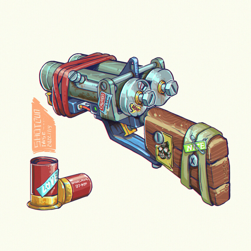 ammunition artist_name bolt_(hardware) chromatic_aberration dated double-barreled_shotgun english_text gauge gun highres iwse_zhang mini-shotgun_shell no_humans original safety_pin shotgun shotgun_shell signature simple_background sticker still_life weapon weapon_focus white_background