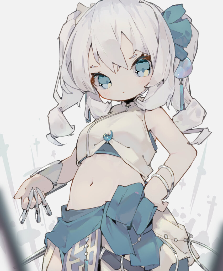 1girl absurdres aqua_scrunchie bracelet breasts closed_mouth commentary cowboy_shot crop_top dated_commentary drill_hair expressionless hair_ornament hair_scrunchie hand_on_own_hip highres holding holding_weapon jewelry long_hair magatama navel nep_(nep_76) original scrunchie small_breasts solo symbol-only_commentary tassel twin_drills weapon white_hair