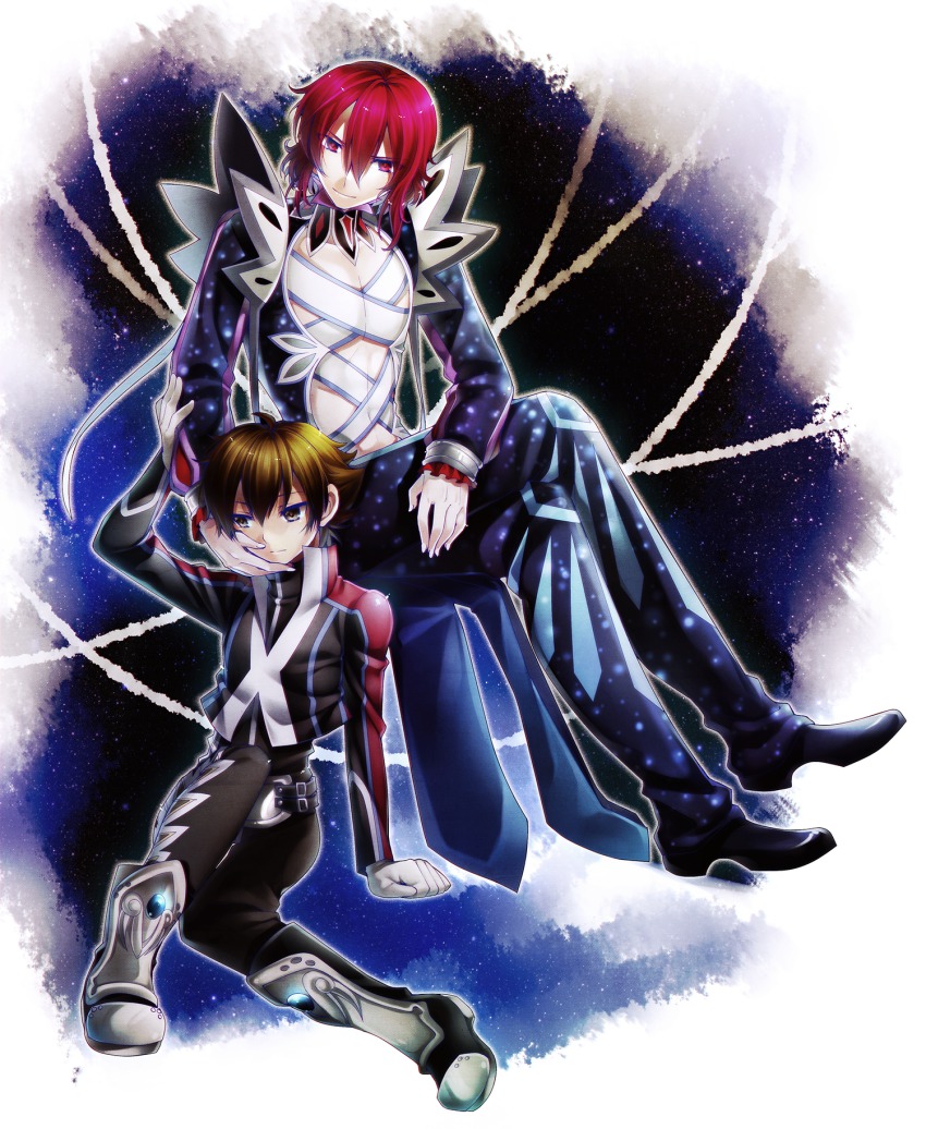 2boys boots brown_eyes brown_hair creed_graphite crossed_legs detached_collar expressionless full_body gloves gradient_background highres jacket knee_boots kor_meteor male_focus multiple_boys pants red_eyes red_hair riko_(pixiv415667) shoes sitting smile tales_of_(series) tales_of_hearts white_background