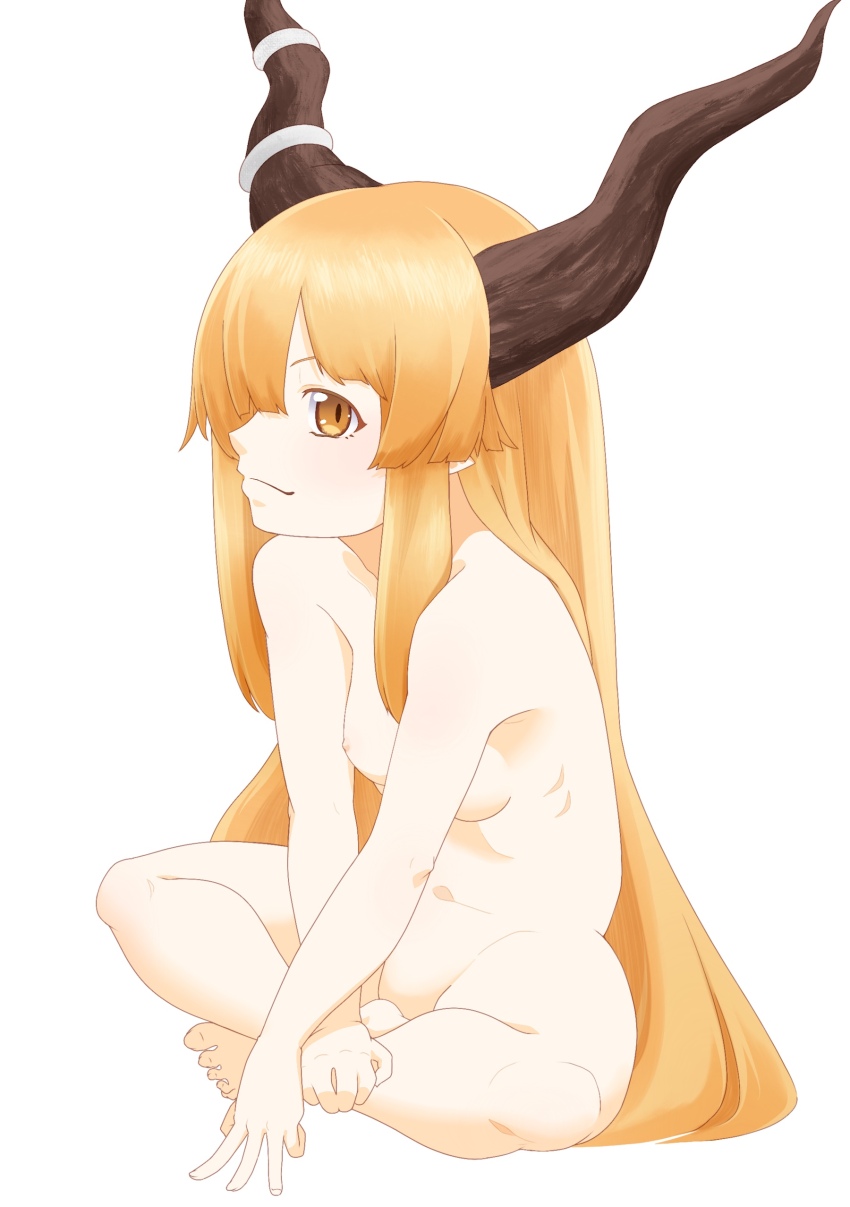 1girl absurdres blonde_hair breasts brown_horns closed_mouth commentary_request completely_nude full_body highres horns ibuki_suika indian_style kurohiba long_hair looking_at_viewer navel nipples nude pointy_ears sidelocks simple_background sitting small_breasts smile solo touhou very_long_hair yellow_eyes