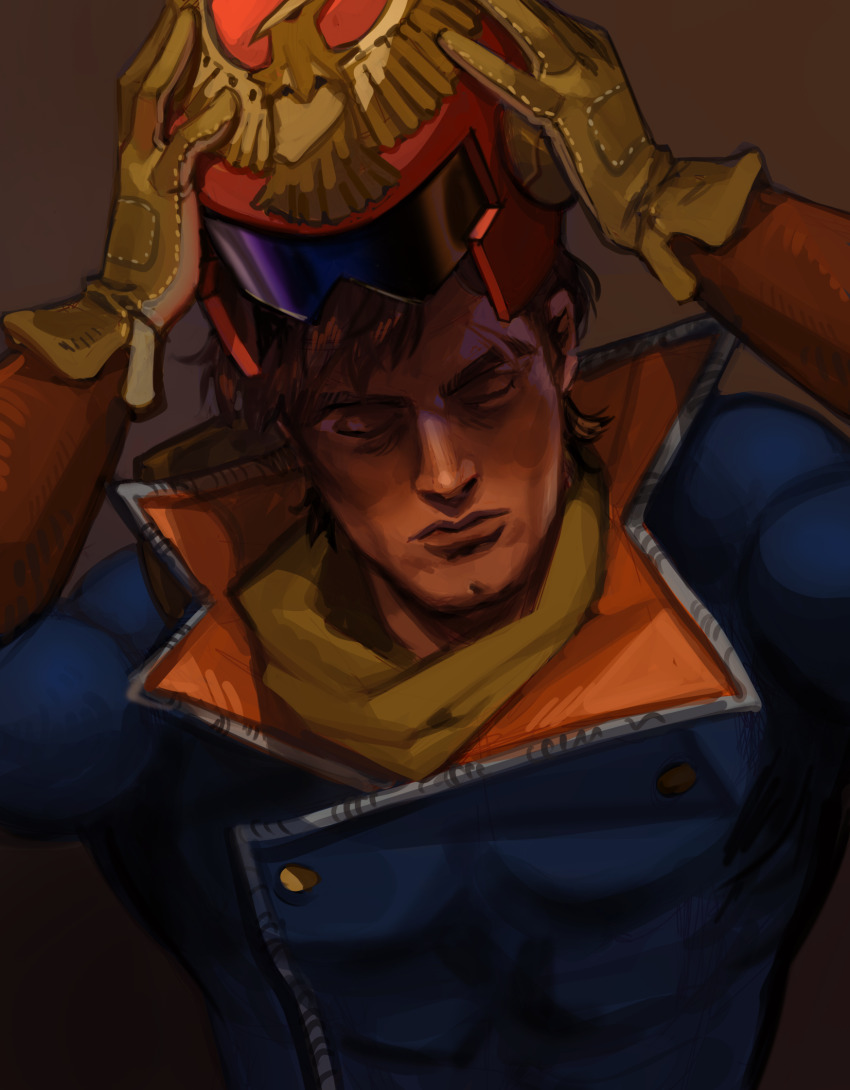 1boy brown_hair captain_falcon cleft_chin closed_eyes f-zero gloves unworn_headwear helmet unworn_helmet highres jacket monkiinart nintendo scarf solo upper_body