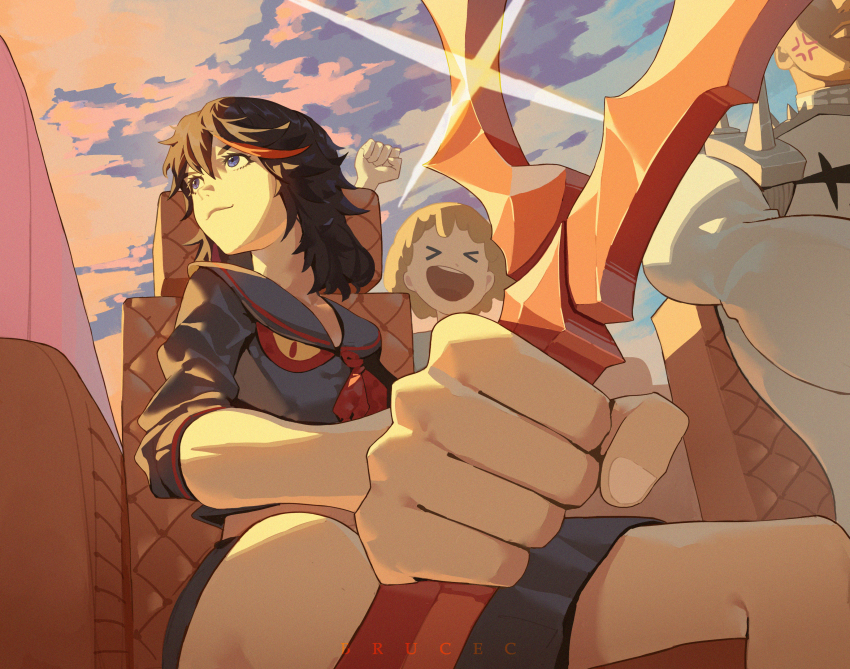 &gt;_&lt; 1boy 2girls absurdres anger_vein artist_name black_hair blue_eyes brown_hair brucec cloud commentary english_commentary gamagoori_ira highres kill_la_kill life_fiber living_clothes mankanshoku_mako matoi_ryuuko mixed-language_commentary multiple_girls open_mouth red_streaks scissor_blade_(kill_la_kill) senketsu spikes
