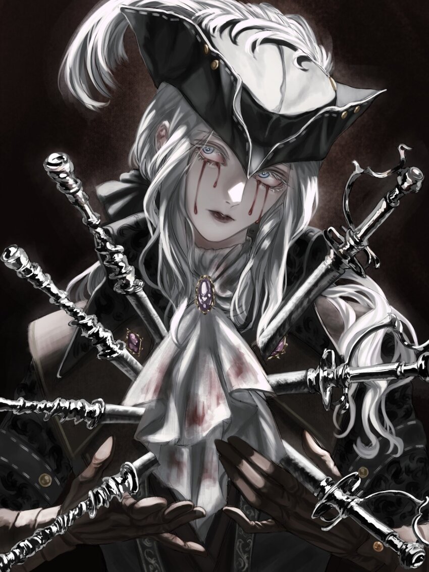 1girl ascot blasphemous blonde_hair blood bloodborne cape coat gem gloves hat hat_feather highres lady_maria_of_the_astral_clocktower long_hair looking_at_viewer nouveaudepart_0 ponytail solo sword tears tricorne weapon white_hair