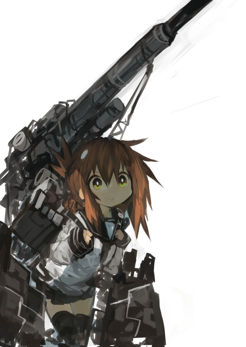 1girl 88_flak absurdres anti-aircraft anti-aircraft_gun black_skirt black_thighhighs brown_hair carrying closed_mouth female_focus flak folded_ponytail hair_between_eyes highres inazuma_(kancolle) kaamin_(mariarose753) kantai_collection long_sleeves ponytail sailor_collar school_uniform serafuku simple_background skirt solo thighhighs weapon white_background yellow_eyes
