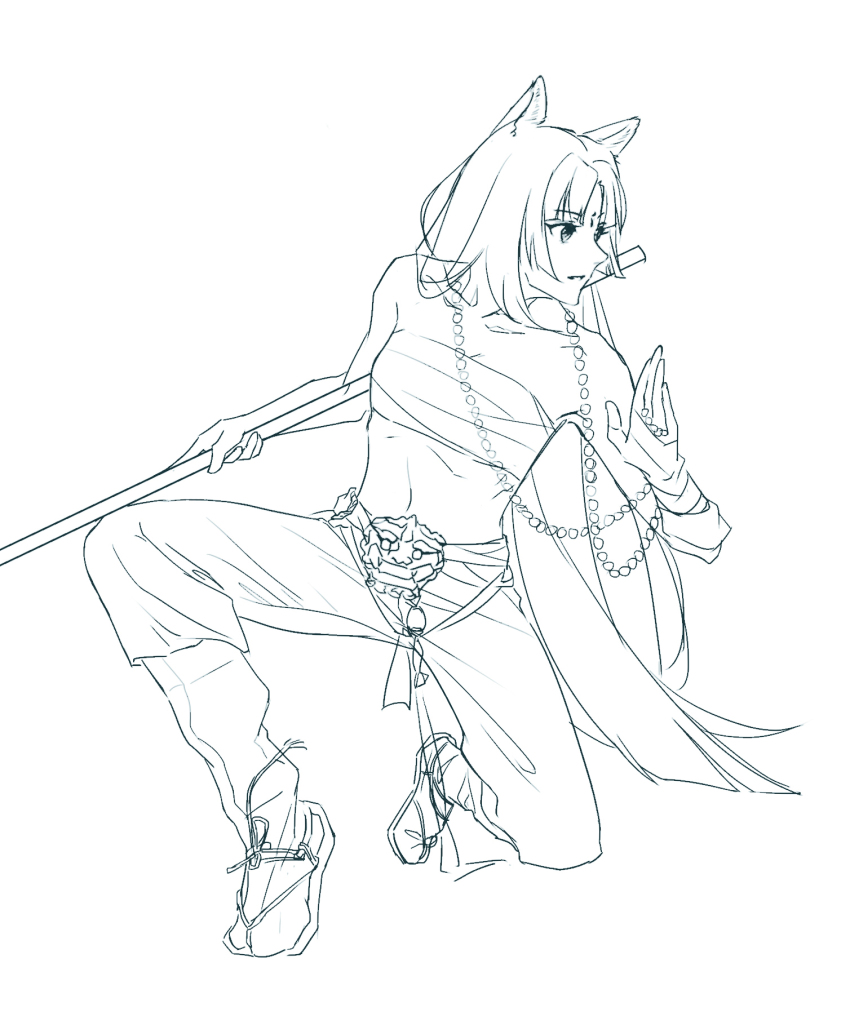 1girl animal_ears arknights bare_shoulders bead_necklace beads breasts chest_sarashi chinese_commentary cleavage commentary_request facial_mark forehead_mark full_body highres holding holding_pole holding_weapon jewelry lineart long_hair looking_to_the_side midriff monochrome navel necklace no_shirt on_one_knee pants parted_bangs parted_lips pole saga_(arknights) sandals sarashi simple_background sketch solo tabi thewintermarket turning_head weapon white_background