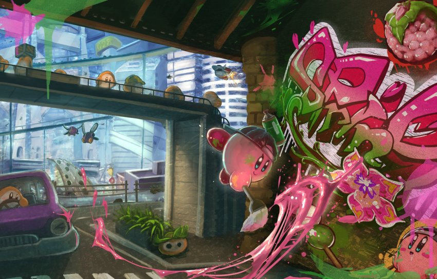 &gt;:) backwards_hat blue_eyes bridge car carrying city cityscape commentary_request copy_ability crate driving graffiti hat highres insect_wings jetpack kirby kirby_(series) koozer leafan motor_vehicle nintendo no_humans overpass paint paint_kirby paintbrush plant road sakatani_yen scenery smile spray_paint street waddle_dee wings