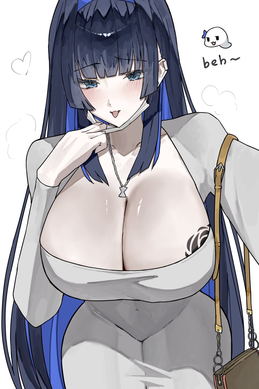 1girl absurdres alternate_costume blue_eyes blue_hair boros_(ouro_kronii) breast_tattoo breasts chest_tattoo cleavage curvy dongtan_dress dress ewn flower_tattoo grey_dress highres hololive hololive_english large_breasts long_hair looking_at_viewer mask mask_pull meme_attire mouth_mask open_mouth ouro_kronii simple_background smile snake solo tattoo taut_clothes taut_dress thick_thighs thighs tight_clothes tight_dress virtual_youtuber white_snake