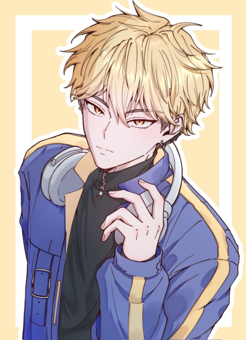 1boy black_shirt blonde_hair blue_jacket border closed_mouth ear_piercing earrings hair_between_eyes hand_up headphones headphones_around_neck highres holding holding_headphones inset_border jacket jewelry korean_commentary long_sleeves looking_at_viewer male_focus multicolored_hair open_clothes open_jacket piercing shiguang_dailiren shirt short_hair simple_background solo solsolbell70471 turtleneck upper_body xia_fei yellow_background yellow_eyes zipper zipper_pull_tab