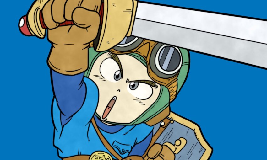 1boy aqua_hat arm_up asymmetrical_dual_wielding aviator_cap blue_background blue_shirt blue_tunic breast_pocket brown_gloves chankop commentary_request dragon_quest dragon_quest_ii dual_wielding gloves goggles goggles_on_headwear grey_eyes hat holding holding_shield holding_sword holding_weapon looking_at_viewer male_focus open_mouth pocket prince_of_lorasia roto&#039;s_emblem shield shirt solo sword toriyama_akira_(style) tunic upper_body weapon