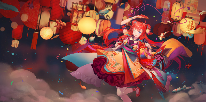 1girl ;d bird blue_eyes chicken chinese_lantern confetti criin_(659503) double_bun female_focus fish hair_bun hand_fan highres long_hair looking_at_viewer one_eye_closed open_mouth red_hair rooster smile solo standing standing_on_one_leg