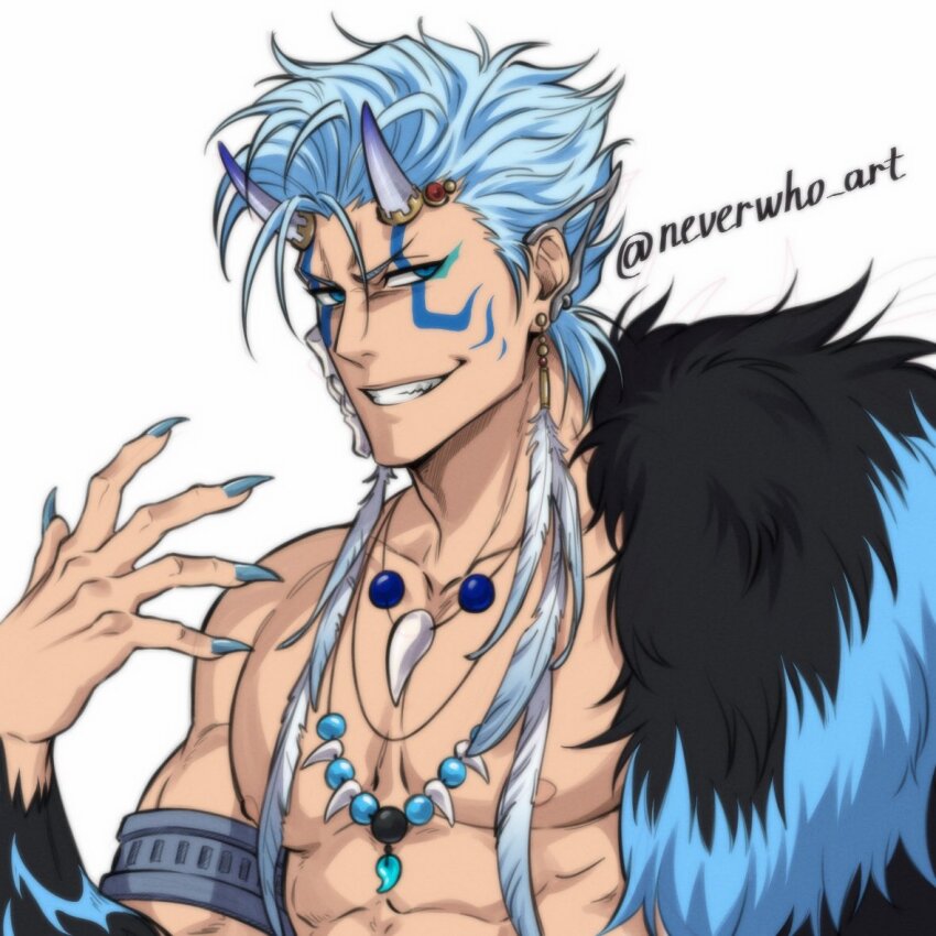 1boy abs armlet artist_name bleach bleach:_brave_souls blue_eyes blue_hair blue_nails broken_mask cloak collarbone demon_horns earrings facial_mark facial_tattoo feather_earrings feathers fingernails fur_cloak grimmjow_jaegerjaquez hair_between_eyes horns jewelry mask monster_boy multicolored_fur muscular muscular_male necklace neverwho_art oni pectorals sharp_fingernails smirk solo tattoo tomoe_(symbol) tooth_necklace topless_male upper_body
