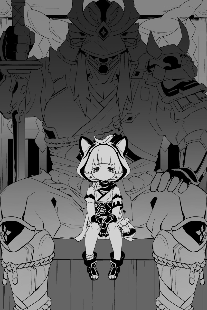 1boy 1girl arm_support armor asymmetrical_legwear bag bandaged_leg bandages blunt_bangs boots child commentary_request expressionless fangs feet_out_of_frame fingerless_gloves full_body genshin_impact gloves greyscale half-closed_eyes hand_on_own_leg helmet highres holding holding_sword holding_weapon hood horns japanese_armor japanese_clothes kabuto_(helmet) kairagi_(genshin_impact) katana kimono kote leaf leaf_on_head mask menpoo mismatched_legwear mitsubamushi_coreless monochrome ninja obi pants pectorals rope samurai sarashi sash sayu_(genshin_impact) shimenawa short_sleeves sidelocks sitting suneate sword toeless_footwear toes torii vambraces weapon