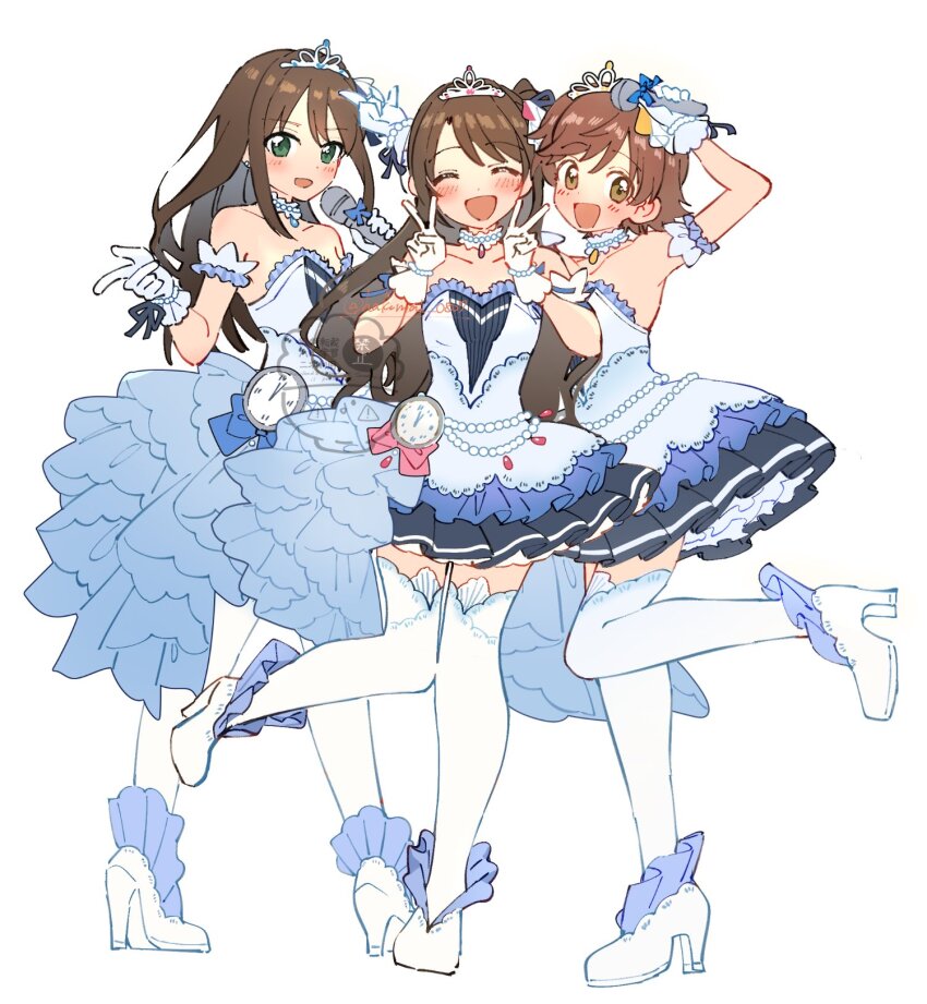 3girls arm_garter belly_chain black_bow blue_bow blurry blush bow brown_eyes brown_hair choker clock closed_eyes collarbone depth_of_field double_v dress dress_bow earrings frilled_dress frills full_body glove_bow gloves green_eyes high_heels highres holding holding_microphone honda_mio idolmaster idolmaster_cinderella_girls idolmaster_cinderella_girls_starlight_stage index_finger_raised jewelry layered_dress long_hair looking_at_viewer microphone miniskirt multiple_girls necklace new_generations_(idolmaster) one_side_up open_mouth pointing pointing_at_another red_bow shibuya_rin shimamura_uzuki shisui_(5830217) short_hair simple_background skirt smile standing standing_on_one_leg starry_sky_bright_(idolmaster) strapless strapless_dress thighhighs tiara v watermark white_background white_choker white_gloves white_thighhighs zettai_ryouiki