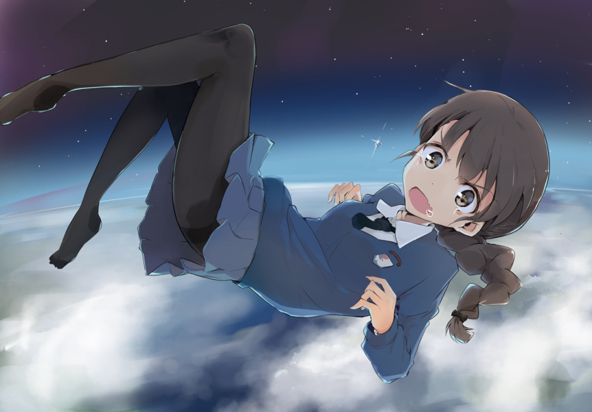 10s 1girl black_necktie black_pantyhose blouse blue_skirt braid braided_ponytail brown_eyes brown_hair commentary_request dress_shirt earth_(planet) emblem female_focus freefall full_body girls_und_panzer hair_tie long_hair long_sleeves looking_at_viewer lying miniskirt necktie no_shoes on_back open_mouth pantyhose planet pleated_skirt rukuriri_(girls_und_panzer) saliva scared school_uniform shirt shuiro_(frog-16) single_braid skirt sky solo space st._gloriana&#039;s_(emblem) star_(sky) starry_sky sweater tearing_up white_shirt