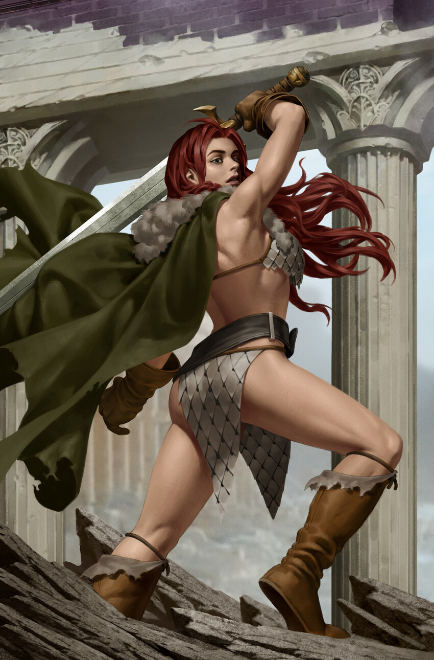 1girl architecture arm_up armor belt bikini_armor black_belt boots brown_boots brown_gloves cape day fur-trimmed_cape fur_trim gloves greco-roman_architecture green_cape grey_eyes highres holding holding_sword holding_weapon long_hair outdoors red_hair red_sonja red_sonja_(comics) scale_armor solo standing sword weapon yoon_junggeun