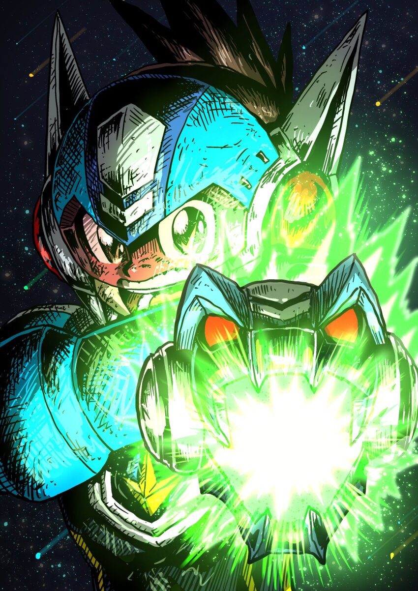1boy aiming aiming_at_viewer arm_cannon blue_helmet brown_hair firing geo_stelar_(mega_man) helmet highres itagaki_masaya male_focus mega_man_(series) mega_man_star_force_(series) red-tinted_eyewear solo star_(sky) star_force_mega_man tinted_eyewear upper_body weapon