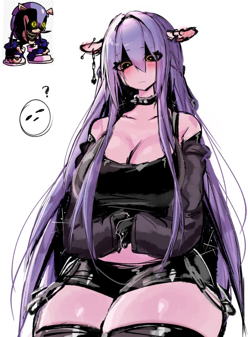 animal_ears blush breasts cleavage collar colored_skin friday_night_funkin&#039; hair_intakes highres humanization large_breasts looking_at_viewer midriff mighty.zip pink_skin purple_hair short_shorts shorts sonic_(series) spiked_collar spikes thick_thighs thighhighs thighs usa37107692 wide_hips yellow_eyes zettai_ryouiki
