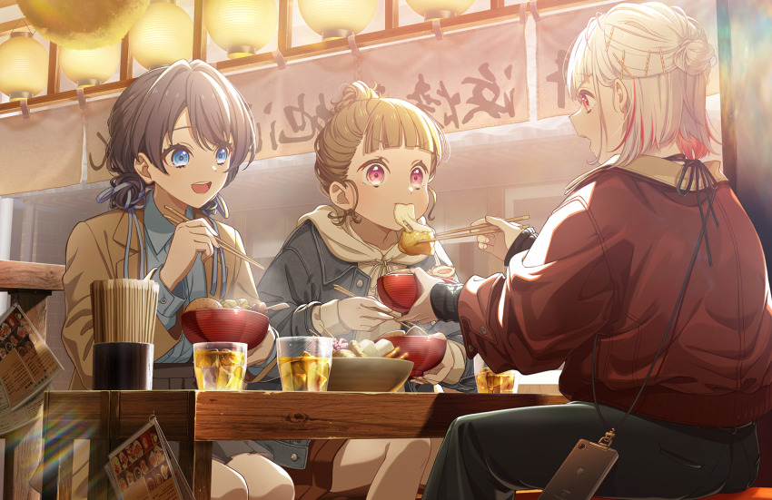 3girls :d black_pants black_skirt black_sweater blazer blue_eyes blue_jacket blue_shirt bowl braid braided_bun brand_name_imitation brown_hair brown_jacket brown_skirt casual cellphone center-flap_bangs chopsticks closed_mouth collared_jacket collared_shirt cup daikon diagonal_bangs dollchestra double_bun dress_shirt drinking_glass eating egg_(food) feeding feet_out_of_frame fish_cake food game_cg hair_bun hair_ornament hairclip half_updo halterneck hardboiled_egg highres holding holding_bowl holding_chopsticks holding_with_chopsticks hood hoodie ice ice_cube iphone jacket kachimachi_kosuzu kachimachi_kosuzu_(compass_casual) konnyaku_(food) lantern lens_flare link!_like!_love_live! long_sleeves love_live! medium_hair menu miniskirt mochi mochi_trail multicolored_hair multiple_girls murano_sayaka murano_sayaka_(compass_casual) octopus_(food) oden official_alternate_costume official_alternate_hairstyle official_art on_bench open_mouth outdoors pants phone pink_eyes pleated_skirt pocket radish red_hair shirt short_hair single_hair_bun sitting skewer skirt sliced_egg smartphone smile streaked_hair sweater tea teeth third-party_source tumbler_glass upper_teeth_only v-shaped_eyebrows very_low_bun virtual_youtuber white_hair white_hoodie x_hair_ornament yugiri_tsuzuri yugiri_tsuzuri_(compass_casual)