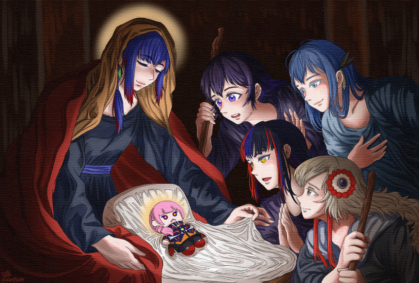 6+girls blue_eyes blue_hair blue_robe cape character_request closed_eyes closed_mouth flower hair_flower hair_ornament halo harusaruhi highres isekaijoucho jesus kaf_(kamitsubaki_studio) kamitsubaki_studio koko_(kamitsubaki_studio) long_hair long_sleeves multiple_girls open_mouth pink_hair purple_eyes purple_hair red_cape rim_(kamitsubaki_studio) robe sash short_hair sk10037643 smile staff virtual_youtuber yellow_eyes