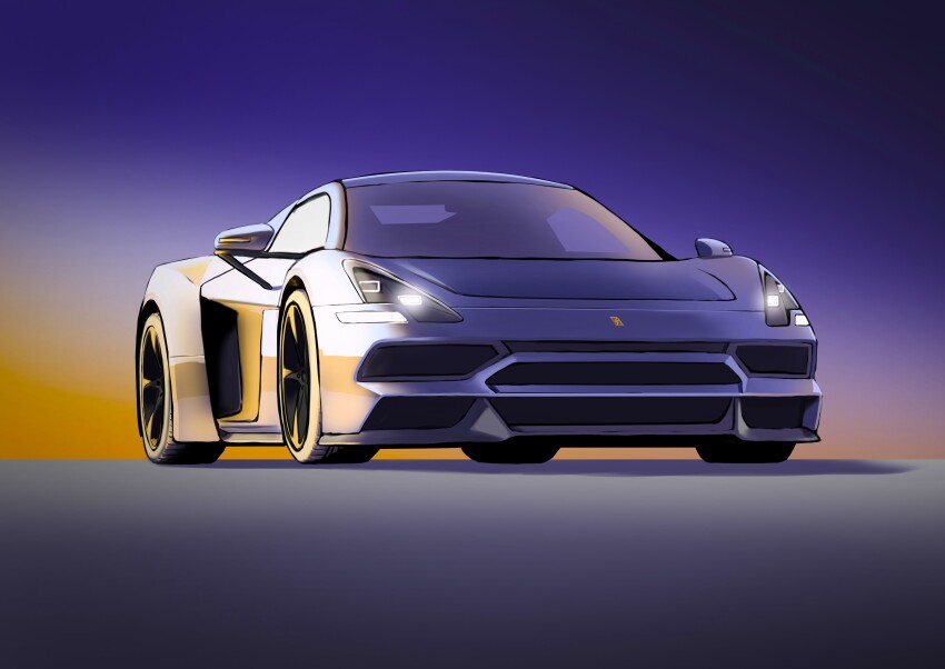 absurdres blue_car car glowing highres motor_vehicle no_humans original shadow sports_car sumakun sunset vehicle_focus