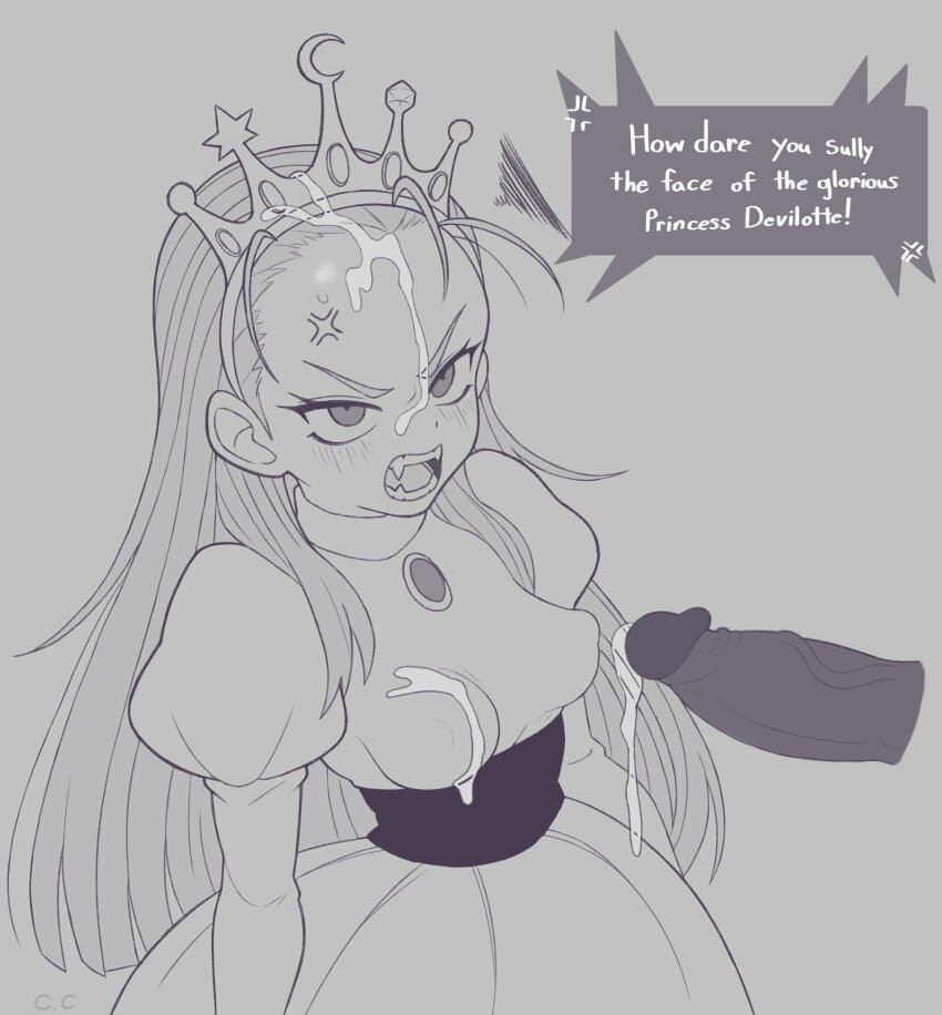 anger_vein breasts champchidi character_name chest_jewel corset covered_erect_nipples cum cum_on_body cum_on_breasts cum_on_hair cum_on_upper_body cyberbots devilot_de_deathsatan_ix dress english_text facial fangs forehead greyscale hair_slicked_back highres jeweled_crown juliet_sleeves light_blush long_hair long_sleeves monochrome open_mouth penis princess puffy_sleeves speech_bubble v-shaped_eyebrows veins veiny_penis