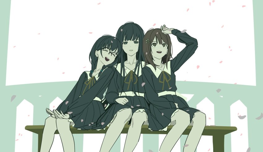 3girls :d ^_^ bench black_hair braid brown_hair closed_eyes falling_petals feet_out_of_frame flower flowers_(innocent_grey) girl_sandwich hair_flower hair_ornament hanabishi_rikka hand_on_own_head happy highres kousaka_mayuri long_hair long_sleeves multiple_girls open_mouth parted_lips petals sandwiched school_uniform shirahane_suou shishima_eichi sitting smile teeth twin_braids upper_teeth_only