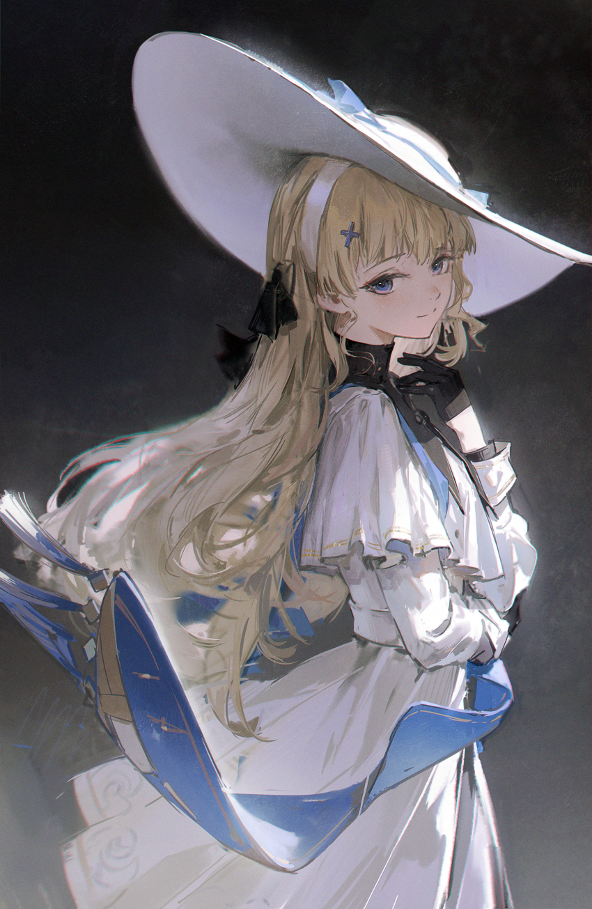 1girl absurdres black_bow black_collar black_gloves blonde_hair blue_eyes bow closed_mouth collar commentary cowboy_shot dino_(dinoartforame) from_side gloves hair_bow hair_ornament hand_up hat highres long_hair long_sleeves looking_at_viewer phoebe_(wuthering_waves) shirt skirt smile solo split_mouth white_hat white_shirt white_skirt wuthering_waves x_hair_ornament