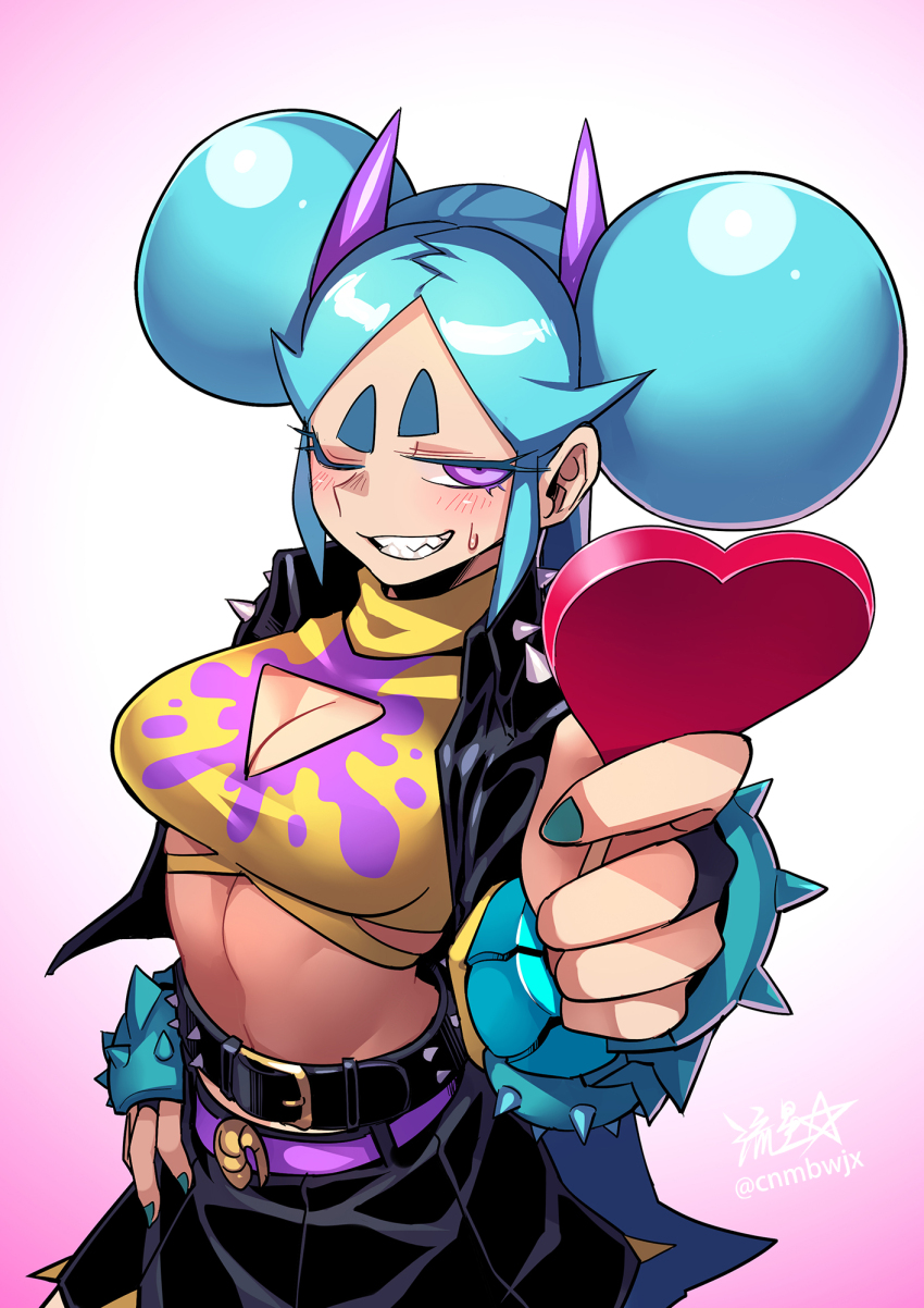 1girl belt black_jacket blue_hair breasts cleavage cleavage_cutout clothing_cutout commentary double_bun gradient_background grin hair_bun heart highres holding holding_heart horns jacket large_breasts long_hair midriff miniskirt one_eye_closed original pink_background purple_eyes purple_horns raised_eyebrow ryuusei_(mark_ii) sharp_teeth shrimball_(ryuusei_(mark_ii)) signature skirt smile solo teeth thick_eyebrows twitter_username upper_body vambraces very_long_hair