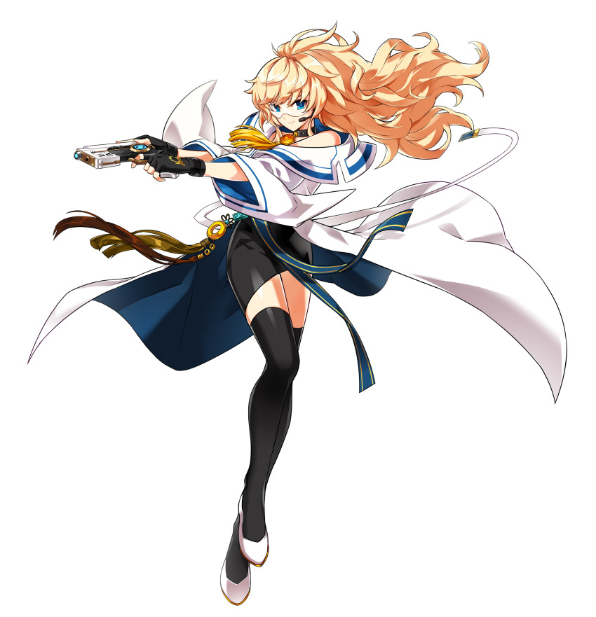 1girl absurdres artist_request black_neckwear black_skirt black_thighhighs blonde_hair blue_eyes choker closed_mouth coat elsword full_body gun high_heels highres holding holding_gun holding_weapon long_hair looking_at_viewer miniskirt official_art optimus_(elsword) pencil_skirt rose_(elsword) skirt smile solo thighhighs visor wavy_hair weapon white_coat white_footwear