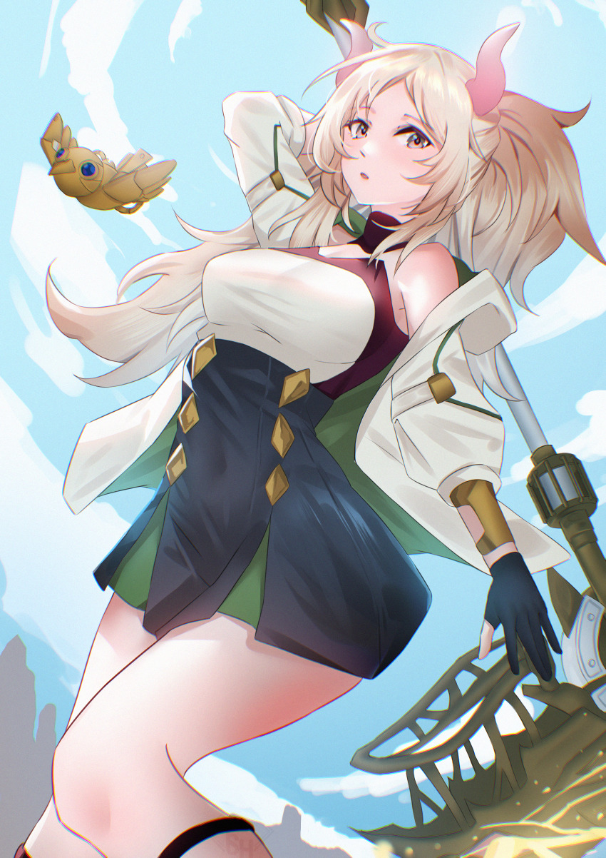 absurdres alternate_costume black_gloves blonde_hair blush breasts duel_monster ecclesia_(yu-gi-oh!) feet_out_of_frame gloves hammer highres holding holding_hammer horns incredible_ecclesia_the_virtuous ishimaru_(ishimarust) jacket large_breasts long_hair long_sleeves looking_at_viewer mechanical_wings non-humanoid_robot off_shoulder official_alternate_costume open_mouth ponytail robot robot_animal thighs tri-brigade_mercourier war_hammer weapon white_jacket wings yellow_eyes yu-gi-oh!