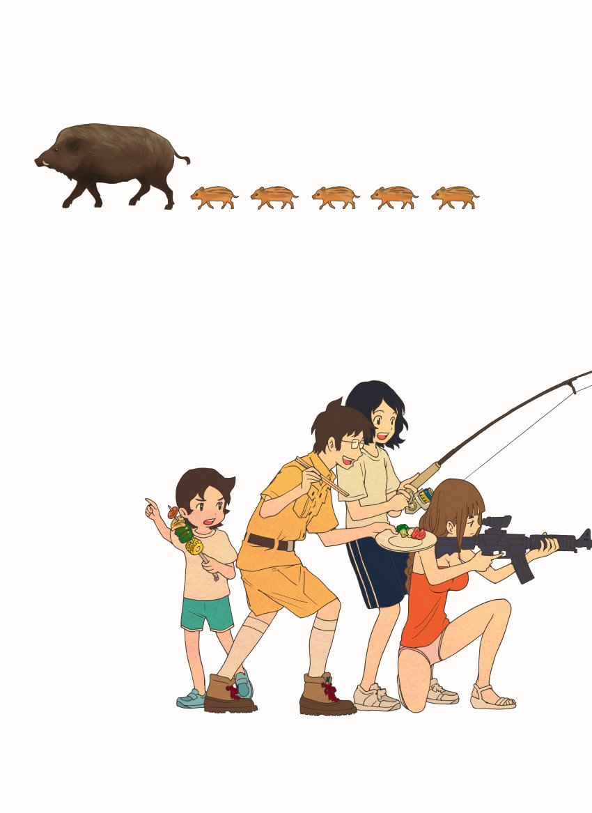 1boy 3girls absurdres aiming assault_rifle belt black_hair breasts brown_hair cleavage commentary_request family father_(yurusaba) father_and_daughter fishing_rod food full_body glasses gun highres kneeling momo_(yurusaba) multiple_girls official_art on_one_knee open_mouth panties pig piglet plate rifle rin_(yurusaba) sandals sekiguchi_taro shoes shorts siblings simple_background sisters sneakers standing tank_top tsumugi_(yurusaba) underwear weapon white_background yurusaba.