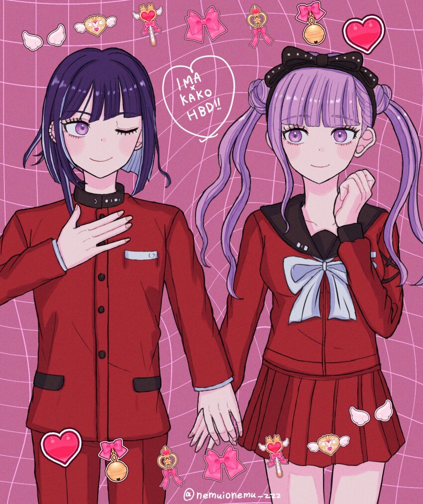 bell black_bow black_hairband black_headband blush bow brother_and_sister character_name closed_mouth eyelashes fingernails hair_bow hairband hand_up happy_birthday headband heart highres holding_hands long_sleeves one_eye_closed pants pink_background pink_bow pink_eyes pink_hair pleated_skirt purple_hair red_pants red_shirt red_skirt shirt siblings simple_background skirt smile standing the_hundred_line_-last_defense_academy- tsukumo_ima tsukumo_kako twins white_bow wings wink