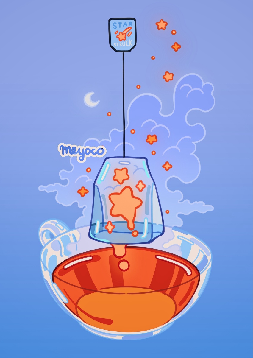 artist_name blue_background blue_clouds cloud color_contrast crescent_moon cup dripping english_text food glass_teacup gradient_background highres meyoco moon no_humans object_focus original see-through_clothes star_(sky) star_(symbol) steam tea teabag teacup watermark