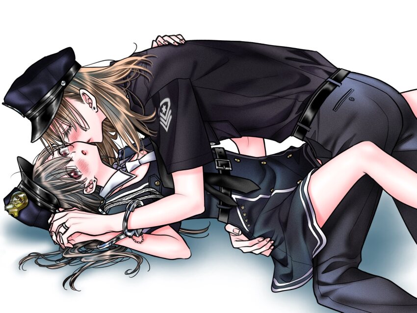 2girls aiguillette belt black_hair black_necktie black_pants black_shirt blush brown_hair closed_eyes commentary cuffs hand_on_another&#039;s_waist handcuffs hashtag-only_commentary hat highres holding_hands interlocked_fingers jewelry kiss kissing_cheek kurage_(yssk_pnd) long_hair multiple_girls necktie original pants parted_lips pink_eyes police police_hat police_uniform policewoman ring shadow shirt short_sleeves wedding_ring white_background white_necktie wife_and_wife yuri