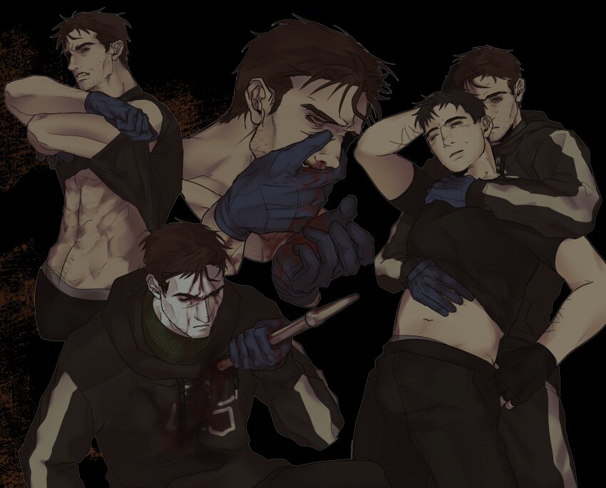 2boys :| abs absurdres afraid_of_monsters black_background black_gloves black_hoodie blood blood_from_forehead bloody_weapon clenched_teeth closed_mouth cry_of_fear david_leatherhoff dual_persona empty_eyes facial_hair fingerless_gloves gloves goatee_stubble hand_on_another&#039;s_chest hand_on_another&#039;s_head hand_on_another&#039;s_stomach hand_on_own_hip hands_on_another&#039;s_face highres holding holding_polearm holding_weapon hood hood_down hoodie hug hug_from_behind impaled ju-san multiple_boys multiple_scars multiple_views navel nosebleed outline pale_skin polearm print_hoodie pulling_another&#039;s_clothes scar scar_on_arm scar_on_face self-harm_scar simon_henriksson stomach stubble sweat teeth the_addiction_(afraid_of_monsters) toned toned_male turtleneck undressing upper_body weapon white_outline yaoi