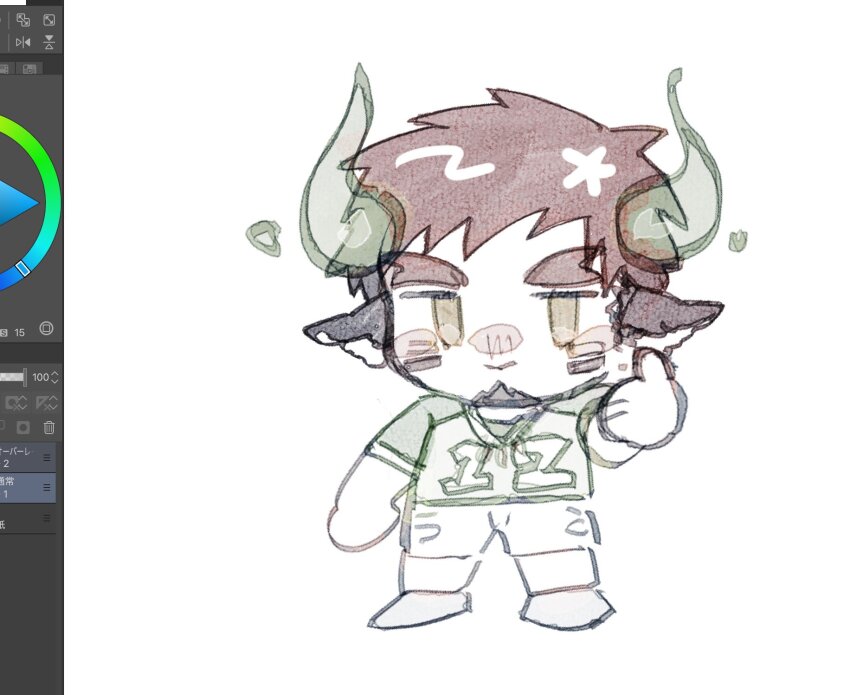1boy animal_ears art_program_in_frame bara chibi chibi_only cow_boy cow_ears cow_horns facial_hair fiery_horns forked_eyebrows full_body goatee highres horns kauri097 looking_at_viewer male_focus short_hair sketch solid_oval_eyes solo thick_eyebrows thumbs_up tokyo_houkago_summoners unfinished wakan_tanka