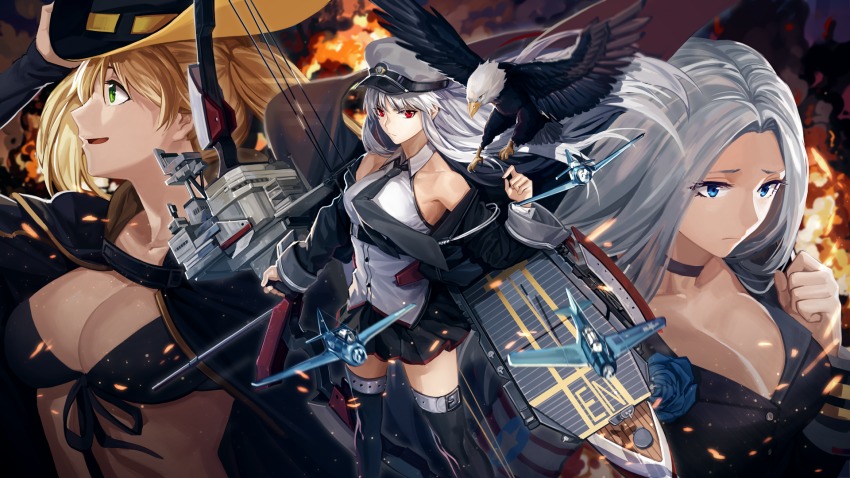 3girls aircraft airplane azur_lane bald_eagle belt bikini bird blonde_hair blue_eyes bomber breasts capelet choker cleavage coat collarbone cowboy_hat eagle enterprise_(azur_lane) explosion f6f_hellcat feathers flight_deck flower flying from_above green_eyes hat highres holding holding_unworn_clothes holding_unworn_hat hornet_(azur_lane) landing looking_to_the_side looking_up mecha_musume military_vehicle miniskirt multiple_girls necktie personification pleated_skirt propeller_fighter red_eyes rff_(3_percent) rose shrug_(clothing) silver_hair skirt sleeveless swimsuit tbf_avenger thigh_strap thighhighs torpedo_bomber twintails united_states_navy unworn_hat unworn_headwear weapon wind world_war_ii yorktown_(azur_lane) zettai_ryouiki