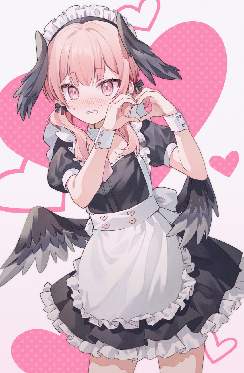 1girl alternate_costume apron black_wings blue_archive blush commentary_request enmaided head_wings heart heart_hands highres hoshiko_(419401x) koharu_(blue_archive) low_wings maid maid_apron maid_headdress medium_hair pink_eyes pink_hair short_hair solo standing thighs white_apron wings