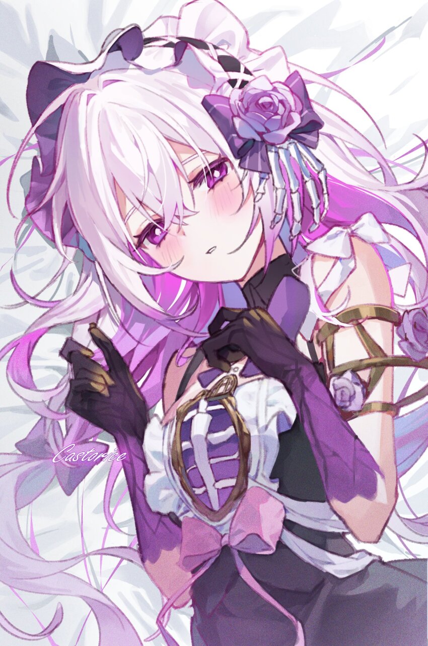 1girl black_dress black_gloves black_hairband blush bright_pupils castorice_(honkai:_star_rail) character_name commentary dress gloves hair_between_eyes hairband highres honkai:_star_rail honkai_(series) long_hair looking_at_viewer parted_lips pink_eyes sha_(nz2) sleeveless sleeveless_dress solo symbol-only_commentary upper_body white_hair white_pupils