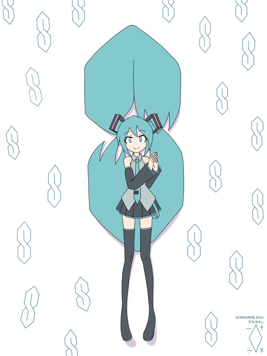 1girl aqua_eyes aqua_hair aqua_necktie artist_logo bare_shoulders black_skirt black_sleeves black_thighhighs commentary cool_s detached_sleeves digiral english_commentary floating_hair full_body grey_shirt hair_ornament hatsune_miku highres logo long_hair looking_at_viewer miniskirt necktie own_hands_together pleated_skirt shirt skirt sleeveless sleeveless_shirt smile solo steepled_fingers thighhighs twintails very_long_hair vocaloid white_background zettai_ryouiki