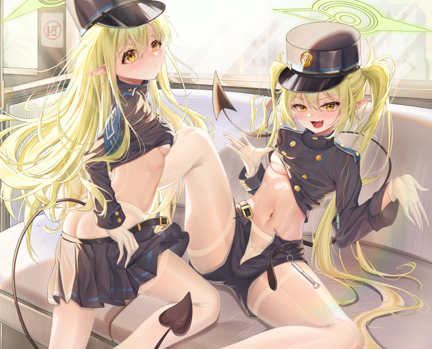 2girls :&lt; arched_back armband ass belt belt_buckle black_belt black_tail blue_archive blue_armband blue_hat blue_jacket blue_shorts blue_skirt blue_trim blush bra bra_peek breasts buckle buttoned_cuffs buttons chinese_commentary closed_mouth clothes_lift clothes_pull commentary_request cropped_jacket day demon_girl demon_tail double-breasted earrings fang feet_out_of_frame from_side gloves green_hair green_halo hair_between_eyes halo hand_on_own_chest hand_up hands_up hat highres hikari_(blue_archive) jacket jacket_lift jewelry kordilia lifting_own_clothes loli long_hair long_sleeves looking_at_viewer miniskirt multiple_girls navel nozomi_(blue_archive) open_belt open_clothes open_fly open_mouth open_shirt open_shorts panties panties_under_pantyhose pantyhose pantyhose_under_shorts peaked_cap pleated_skirt pointy_ears short_shorts shorts siblings sisters sitting skin_fang skirt skirt_pull sleeve_cuffs small_breasts spread_legs stomach straight_hair sweatdrop tail thighband_pantyhose thighs train_conductor train_interior twins twintails underboob underwear undressing very_long_hair whistle white_bra white_gloves white_panties white_pantyhose window yellow_eyes