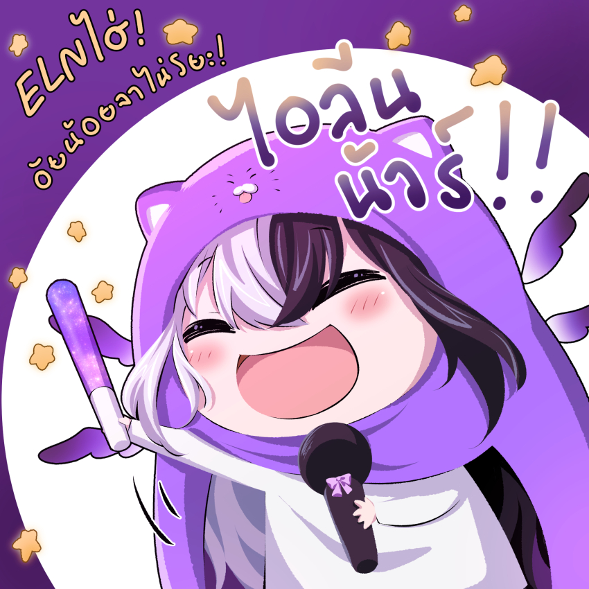 1girl algorhythm_project animal_ears black_hair cape cat_ears cosplay doma_umaru doma_umaru_(cosplay) eileennoir glowstick highres himouto!_umaru-chan holding holding_microphone microphone multicolored_hair open_mouth purple_cape ruang solo thai_text two-tone_hair virtual_youtuber white_hair