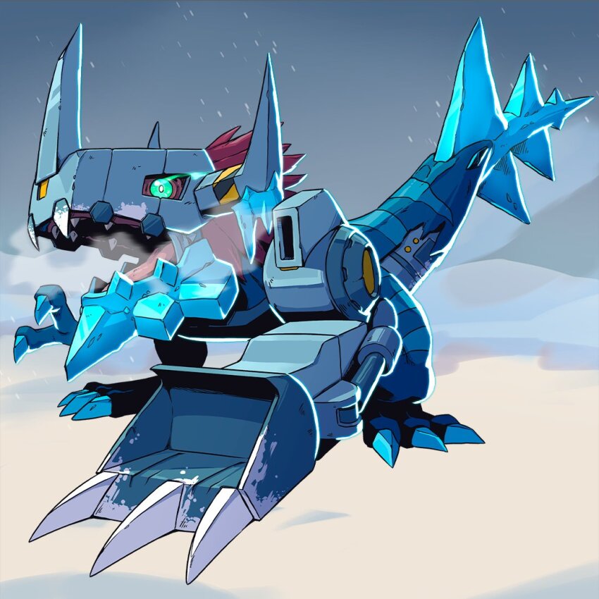 addriano_divino blue_eyes claws cyborg digimon digimon_(creature) dinosaur horns ice metalgreymon oridigi original sharp_teeth solo tail teeth yukiagumon