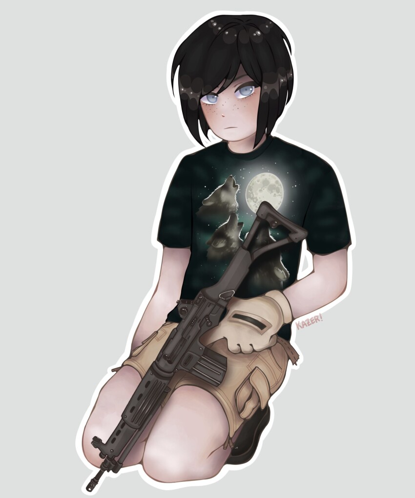 1girl artist_name beige_shorts black_footwear black_hair blue_eyes cargo_shorts closed_mouth danganronpa:_trigger_happy_havoc danganronpa_(series) eyebrows eyelashes female_focus freckles gun gun_request highres holding holding_gun holding_rifle holding_weapon ikusaba_mukuro kazer! kneeling looking_at_viewer parted_bangs shorts signature simple_background solo solo_focus three_wolf_moon_shirt three_wolf_moon_shirt_(meme) weapon white_background
